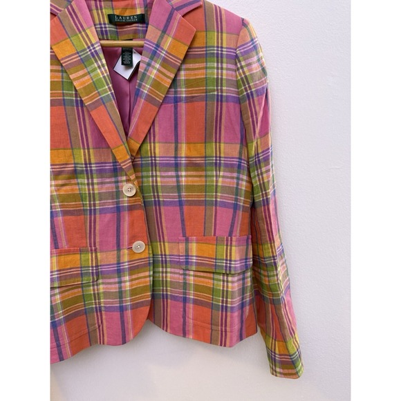 Lauren Ralph Lauren Blazer Women's 6 Multicolor Plaid 100% Linen Lined Pockets - Picture 4 of 9